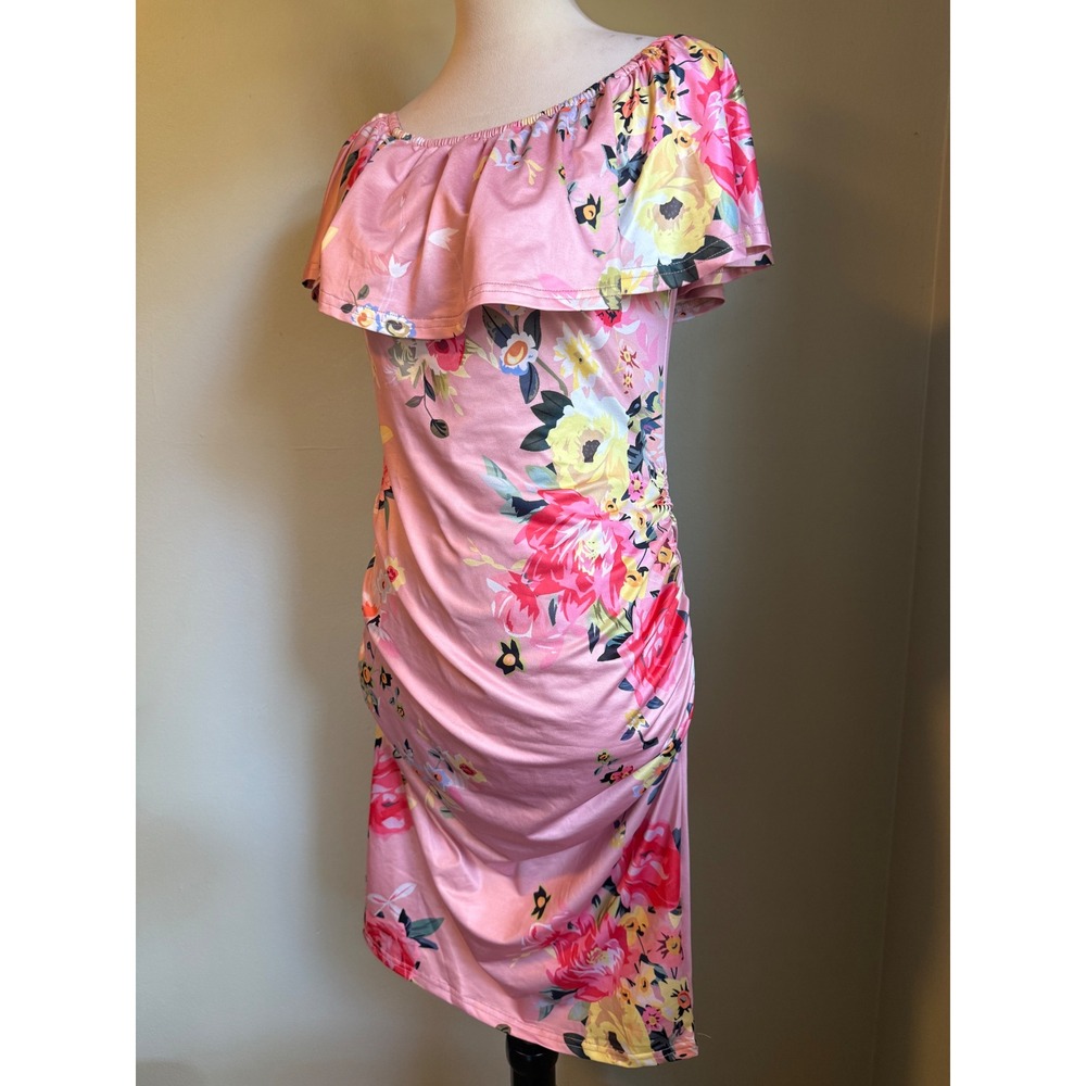 Pink Floral Off Shoulder Ruffle Ruched Bodycon Dress M boho Y2K whimsi dainty re